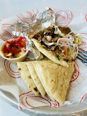 Mini beef gyro, side of red pepper humus.