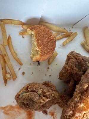 Cornbread, chicken, and fries.