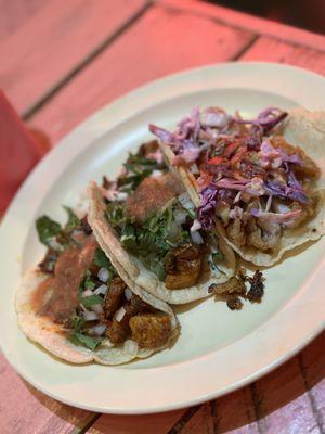 Chicken Al pastor, pescado and carnitas taco