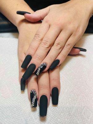 Matte black nails with rhinestones