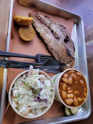 Brisket plate with coleslaw and BBQ baked beans