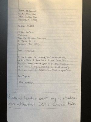 Thank you letter from a student to a member