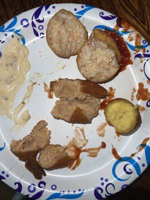 Artificial crab meat, in the crab ball and in the stuffed shrimp. The hush Puppie was freezer burnt