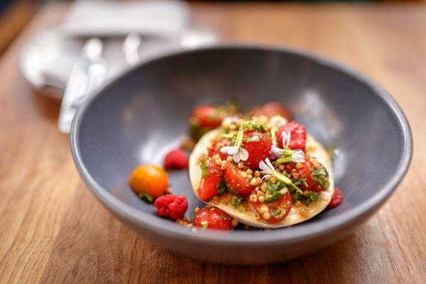 Silken Tofu $13 "cherry tomato, puffed buckwheat, minari vinaigrette"