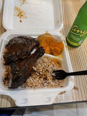 Jerk Chicken, Rice & peas , Yams , Ting