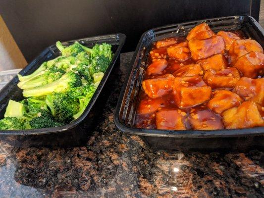 Huge portions. Garlic broccoli and General Tso's tofu.