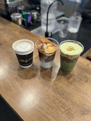 Hojicha latte, Vienna latte, RNY dirty matcha