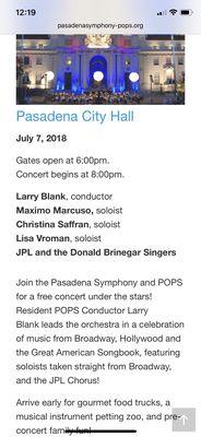 Free Outdoor Concert Pasadena Symphony July 7th 2018 @ Pasadena City Hall Gates open @ 6PM Concert @ 8 PMMusic under The Stars