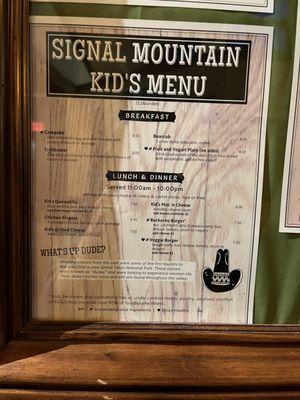 Kids menu at Signal Mountain