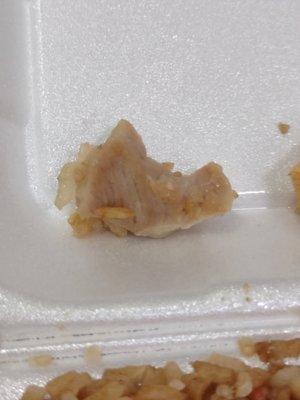 A piece of the chicken, which was the worst part of the meal and tasted gross and old.