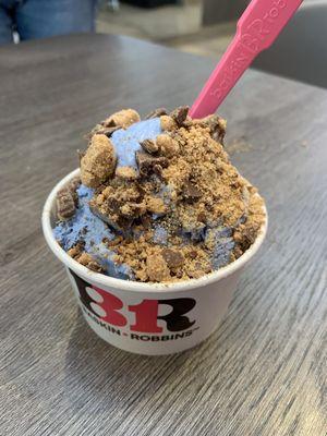 Cookie Monster with peanut butter cup pieces. Holy! One scoop is 5 bucks now?