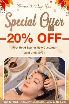 SPECIAL OFFER ALERT 

 New to Cloud 9 Day Spa? Here's a treat just for you! 
‍FOR NEW CUSTOMERS: Enjoy 20% OFF YOUR FIRST HEAD