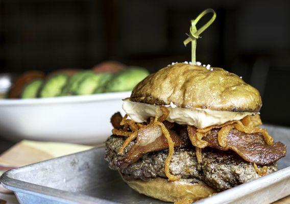 BBB Burger 
 
 Brown sugar bacon, bbq, bourbon mayo,
 onion straws