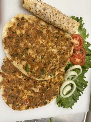 LAHMACUN -Turkish pie ( ground beef, onion, tomatoes, peppers, parsley and spices)