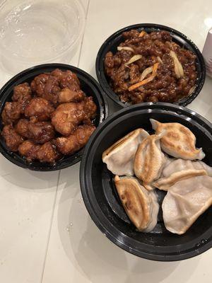 Orange chicken, crispy beef, and dumplings