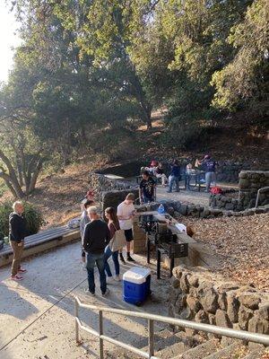 Looking down over the upper grill and tables area