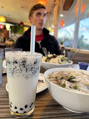 Basil seed, boba and grass jelly, and pho tai (beef broth with rare steak)