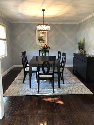 Dining room table, chairs and side cabinet