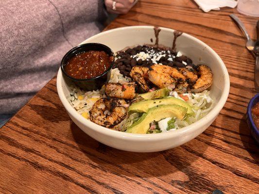 A really nice shrimp bowl with perfectly-prepared shrimp.