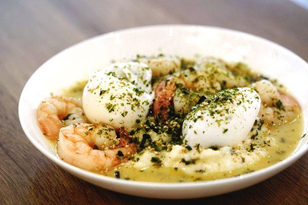 Shrimp with cheesy grits, duck eggs, and furikake for brunch.