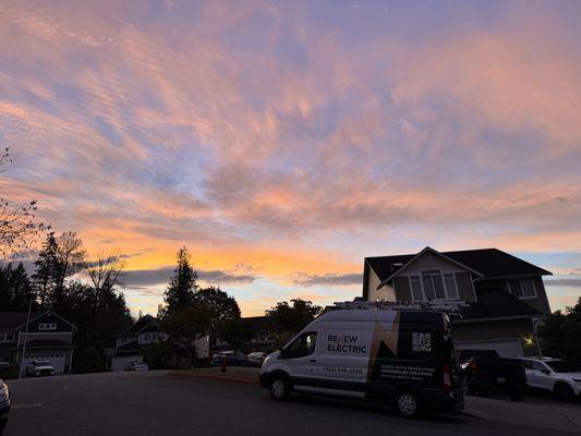 Company van under the sunrise