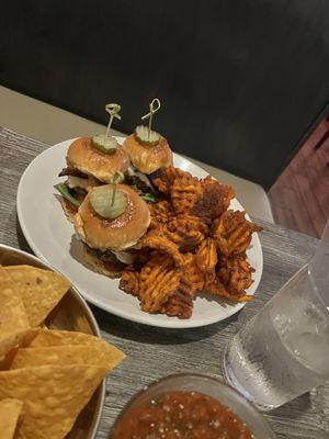 Prime rib bacon burger sliders with sweet potato waffle fries