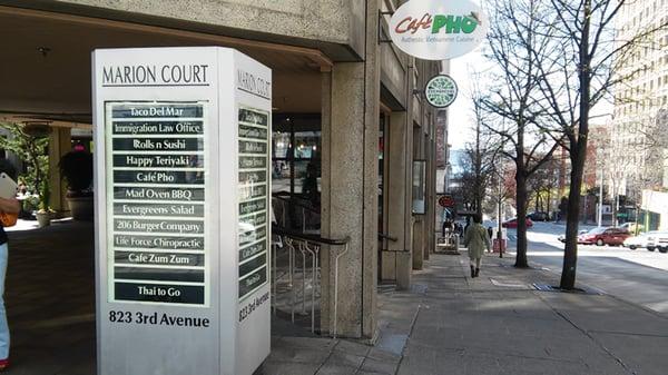 Marion Court listings (as of 26-Mar-2015) with Café Pho sign, Evergreens Salad sign, and down the street, Mad Oven BBQ sign.