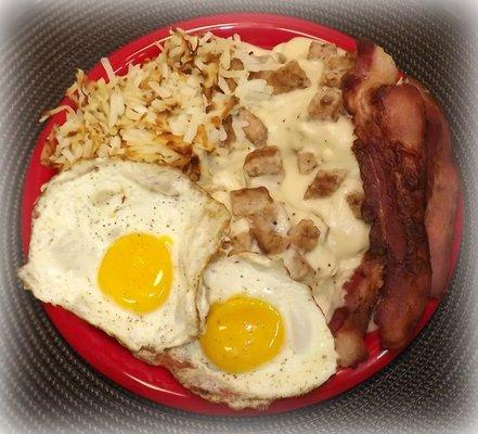 B&G Platter Biscuits & Gravy with hashbrowns, eggs cooked to order, and your choice of breakfast meat.