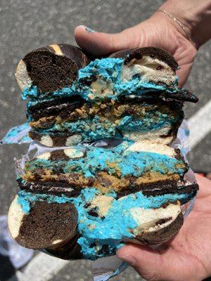 Cookie Monster Overload: Oreo Bagel w/ Cookie Monster Cream Cheese, Oreos, and Chocolate Chip Cookies