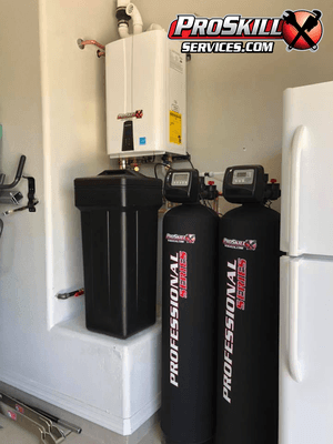 Navien Tankless Water Heater installation and ProSkill Professional Series Water Softener and Whole Home Carbon Filtration installation.