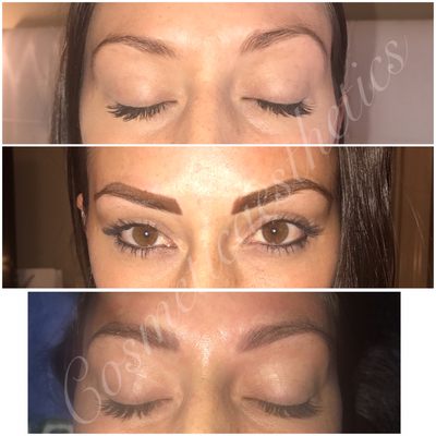 Ombre Powder brow tattoo, before, immediately after and healed