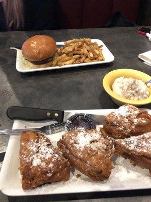 Cheeseburger w/Fries & a Monte Cristo w/Strawberry Jam and Mash-Potatoes