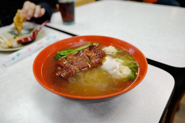 Wonton noodle soup with BBQ duck.