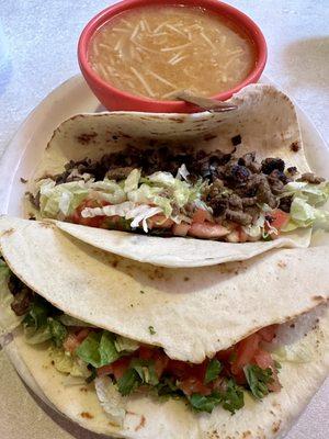 Carne Asada Tacos & bowl of Fideo Soup, it was one of the specials.