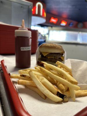 Double cheeseburger and our skin on fries.