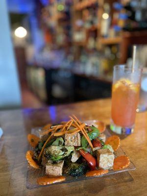 Roasted Brussel sprouts and veggies with perfectly crispy Tofu