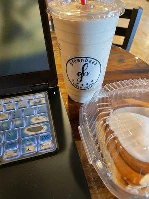 Frozen Chai Latte and cinnamon bun