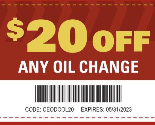 Coupon $20 off any oil change exp: 5/31/2023