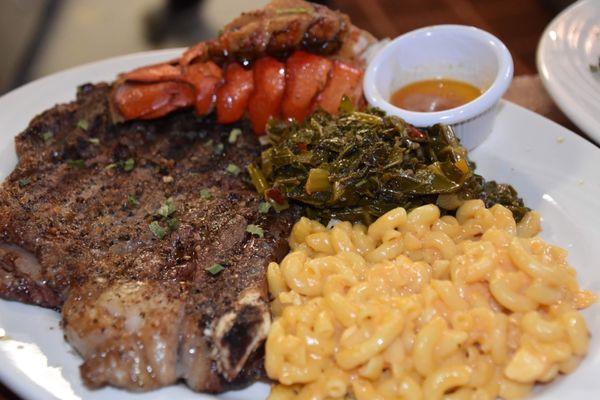 20 oz rib eye , collard green, baked Mac and cheese with lobster tail