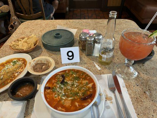 Menudo & a cheese enchilada à la cart & a delicious Michelada