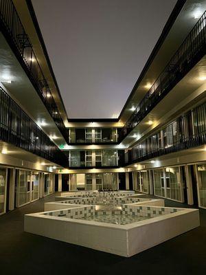 View of the courtyard at night.