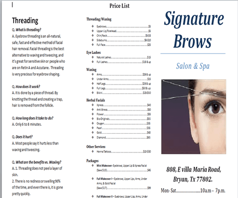 Price list: $5 eyebrows, $5 upper lip