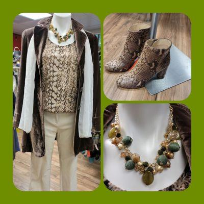 Coldwater creek velour coat accessorized with animal print top & boots. Gorgeous green & gold cluster necklace to add a pop of contrast.