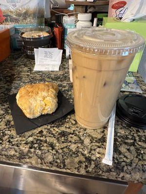 Jalapeño cheddar scone & large sugar free iced caramel brûlée with almond milk