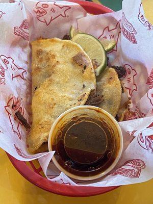 Casa Burria Tacos (Fried ), lightly Fried Corn Tortillas with melt in your mouth Seasoned Beef!  Very good.