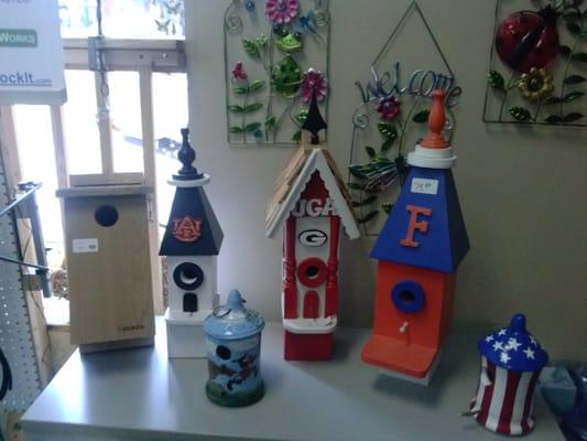 Birdhouses made by local artists.