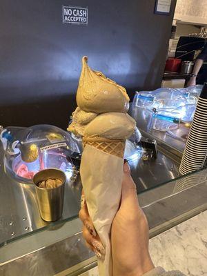 Hazelnut and Italian Coffee gelato in a cone