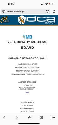 There is just one address for this business which is licensed with the California Veterinary Medical Board (210 Main St.).