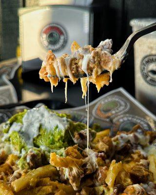 ASADA FRIES- choice of meat with cheese, guacamole & sour cream