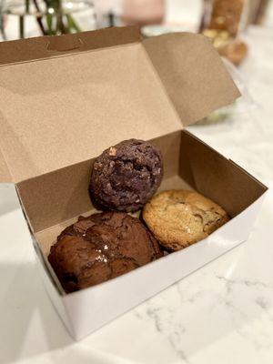 These cookies are delicious omg. Ube/coconut, triple chocolate, and another chocolate one. So good.